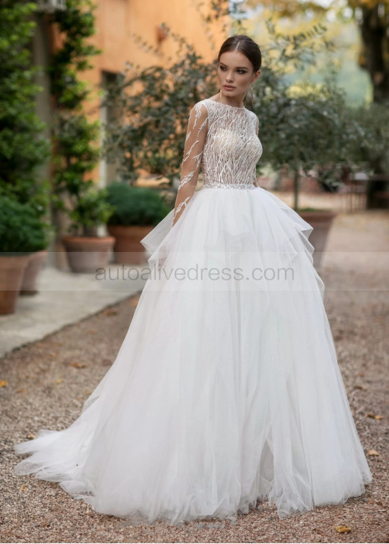 Ivory Lace Tulle Ruffled Sheer Back Wedding Dress